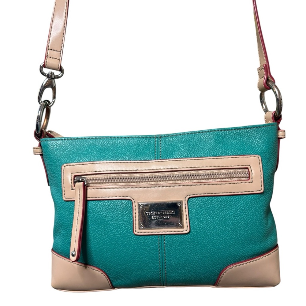 Tignanello Leather Crossbody Teal Tan Colorblock 10x7 Multi Pocket